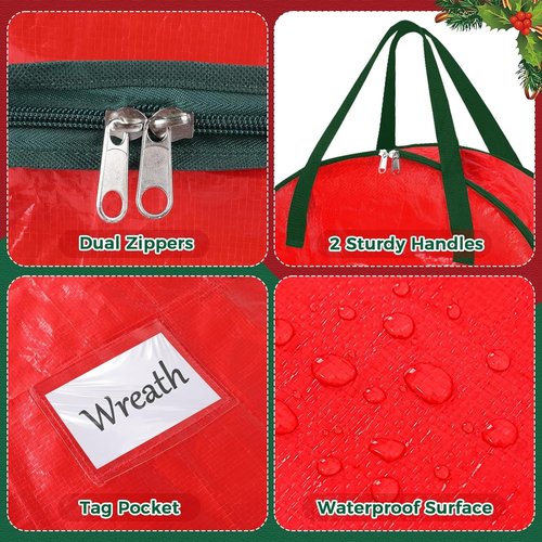 DeckTheHalls Christmas Wreath Storage Container - 2-Pack Waterproof Design with Secure Zipper & Reinforced Handles | Year-Round Protection for 30-Inch Holiday Decor