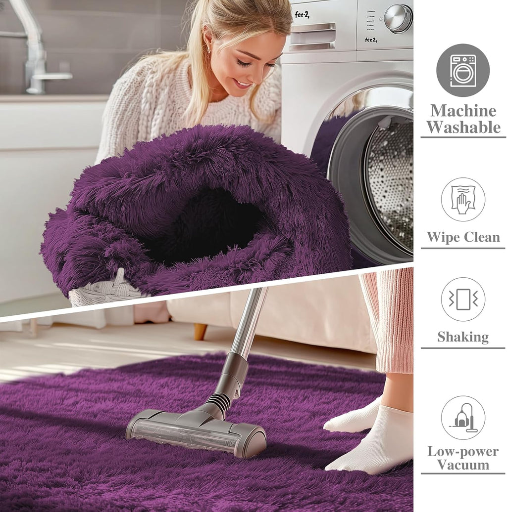 OLANLY 3x5 Soft Fluffy Shaggy Bedside Rug - Machine Washable Indoor Carpet for Kids & Nursery | Dark Purple