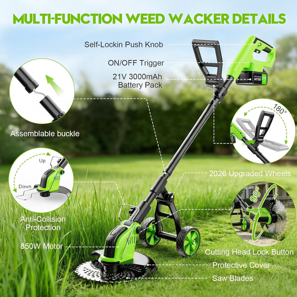 Skiennix 20000 RPM Electric Weed Wacker - Cordless 12" Brushless Trimmer with 4-in-1 Functionality & 2 Batteries