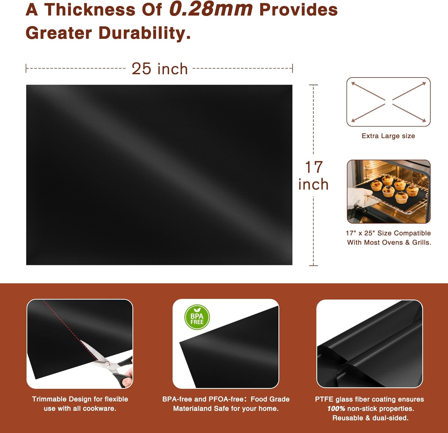 PrettyCare Oven Liners - Heavy Duty Non-Stick Mats | 3 Pack, 16.25”x23” | BPA & PFOA Free Kitchen Accessory