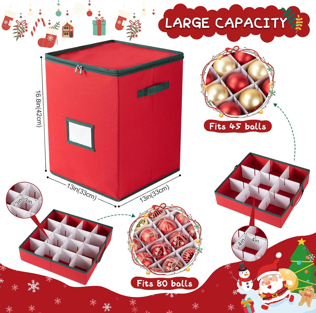 OIAHOMY Christmas Ornament Storage Box - Holds 80 Ornaments with Trays & Zippers, 600D Oxford Fabric - Red