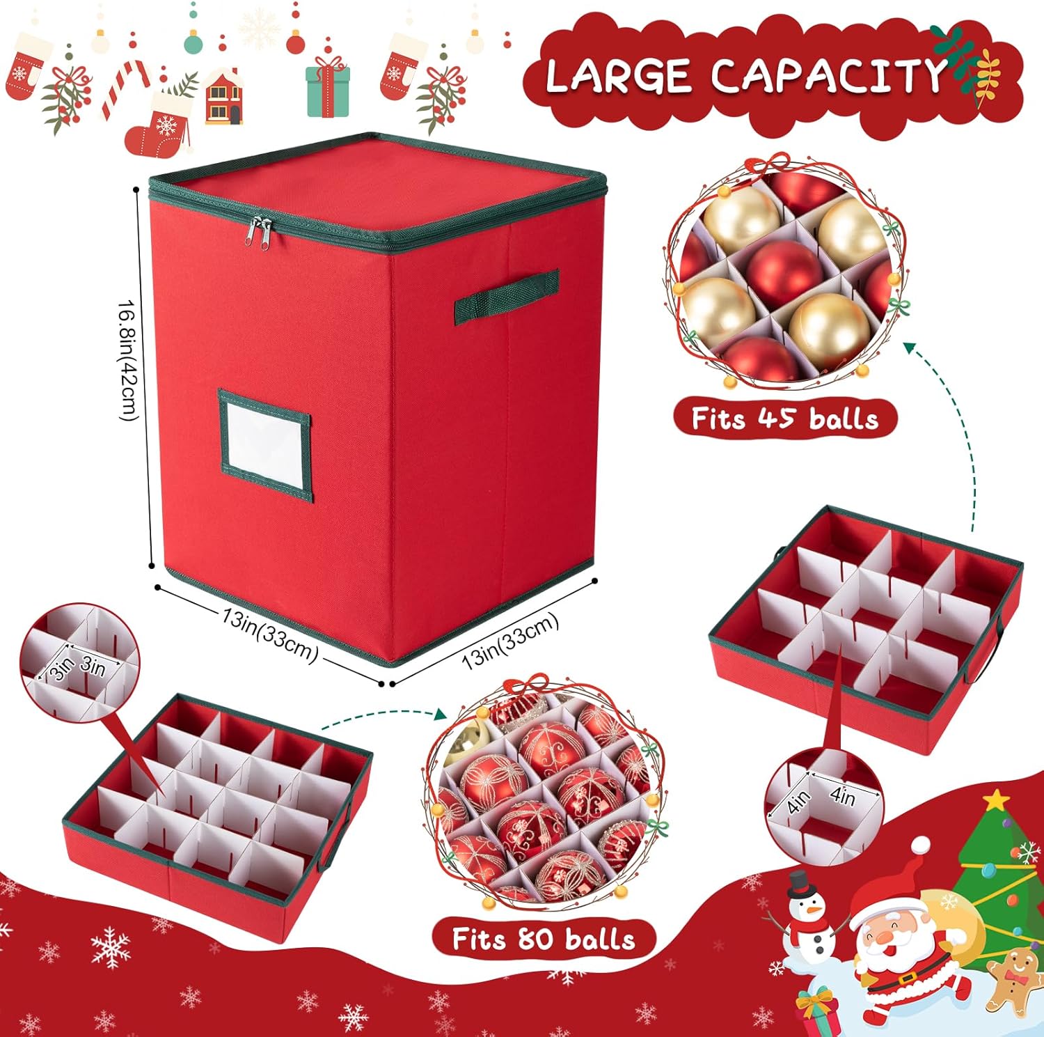OIAHOMY Christmas Ornament Storage Box - Holds 80 Ornaments with Trays & Zippers, 600D Oxford Fabric - Red