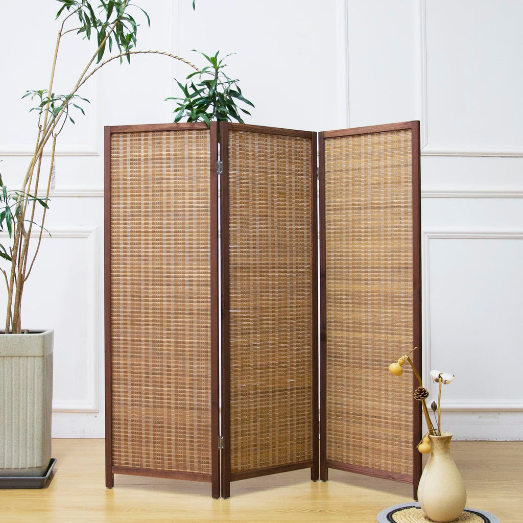 Furnnylane 3 Panel Short Room Divider Screen,Brown Freestanding Partition,Small Bamboo Panel Divider for Room Seperation,3.95 FT Tall