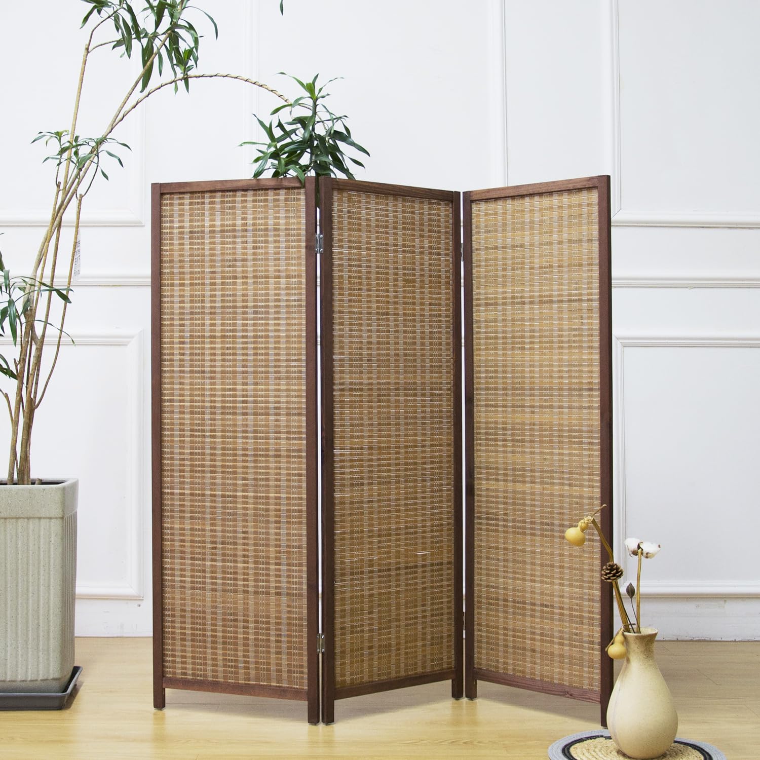 Furnnylane 3 Panel Short Room Divider Screen,Brown Freestanding Partition,Small Bamboo Panel Divider for Room Seperation,3.95 FT Tall