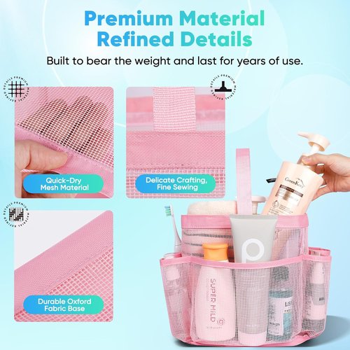 EUDELE Mesh Shower Caddy - Portable 8-Pocket Organizer for College Dorms, Beach & Travel - Pink