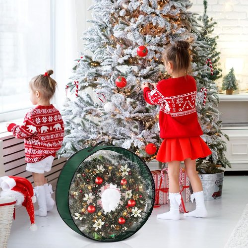 4 Pcs Christmas Wreath Storage Bag - Clear Window, Zipper & Handle | Green 24-Inch Garland Container