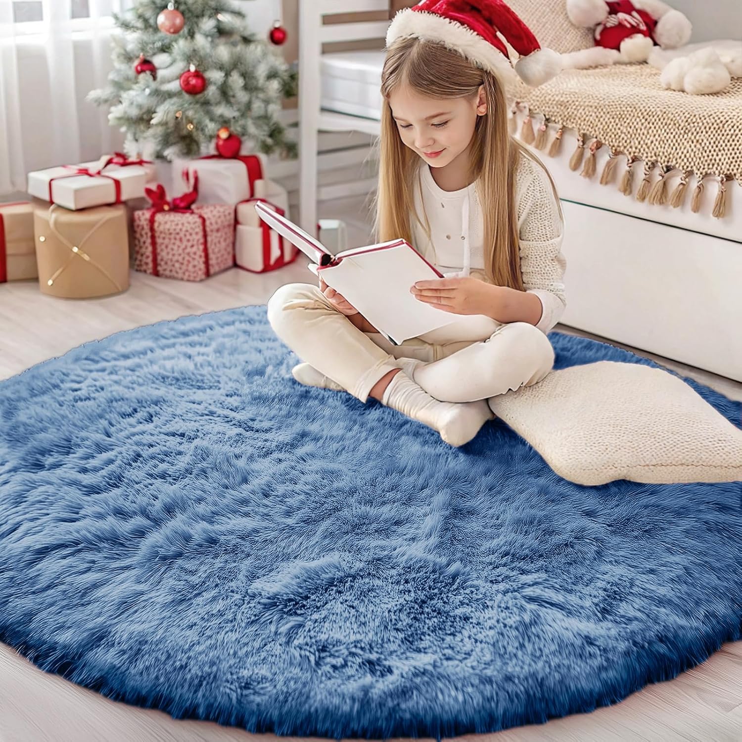 OLANLY Blue Round Rug - Soft, Fluffy Shaggy Carpet | 4 ft Machine Washable Area Rug for Bedroom & Living Room