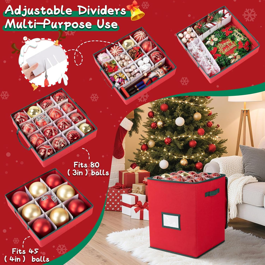 OIAHOMY Christmas Ornament Storage Box - Holds 80 Ornaments with Trays & Zippers, 600D Oxford Fabric - Red