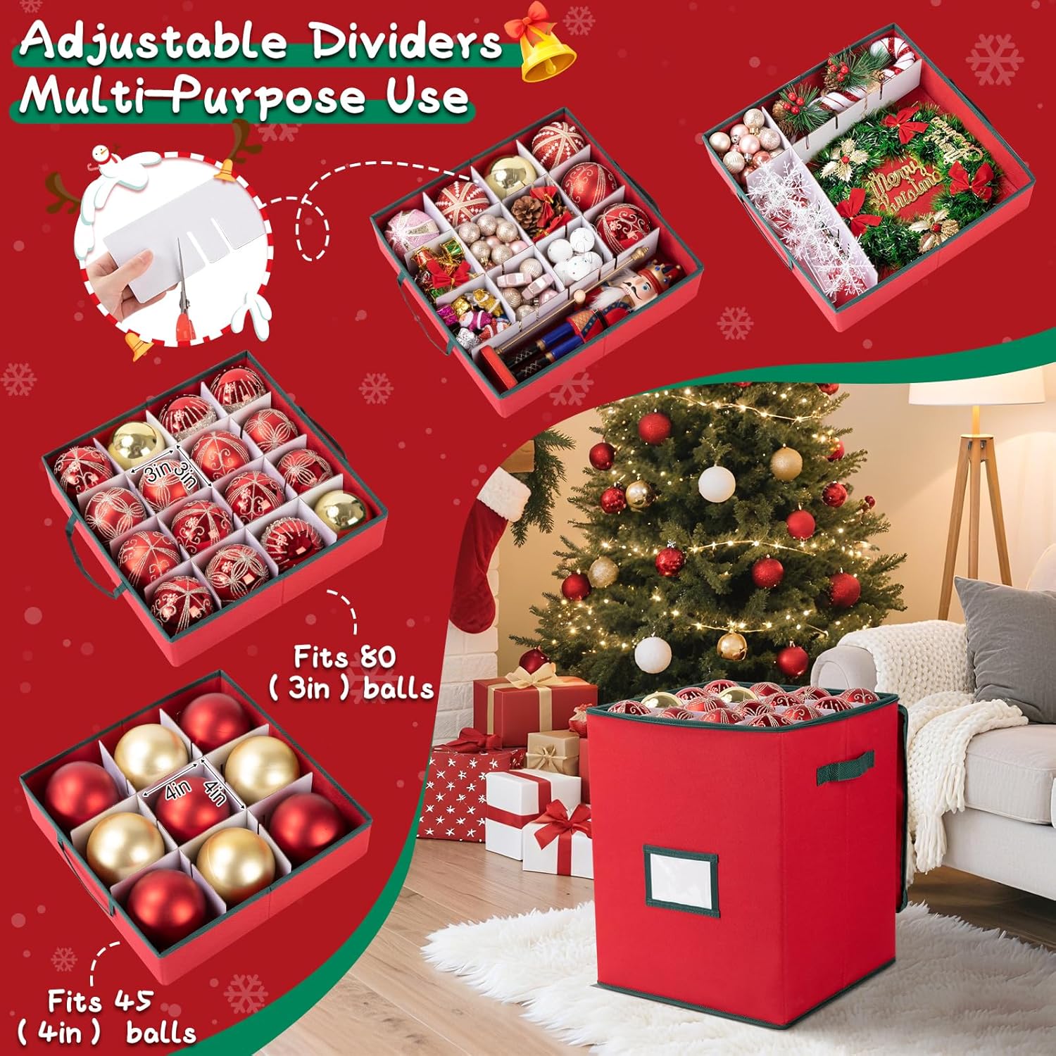 OIAHOMY Christmas Ornament Storage Box - Holds 80 Ornaments with Trays & Zippers, 600D Oxford Fabric - Red