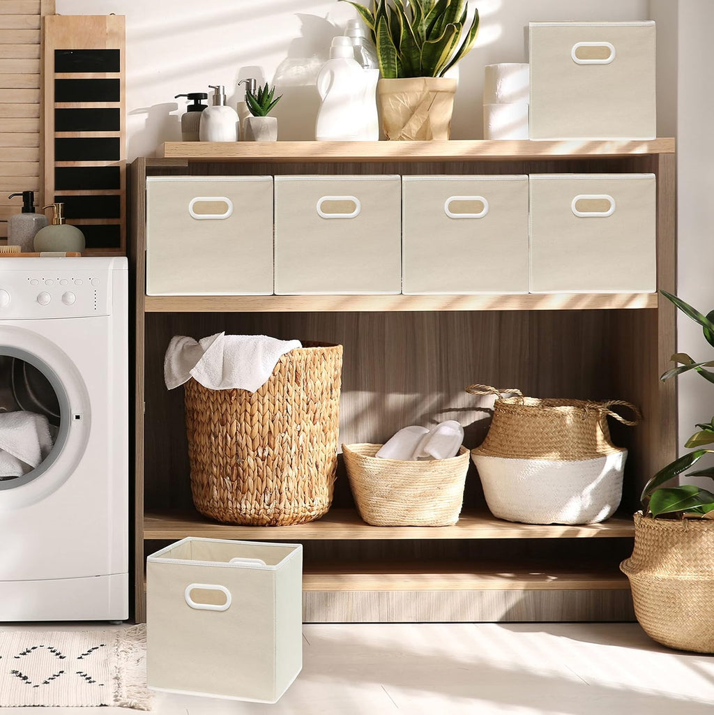 Simple Houseware Foldable Cube Storage Bins - 11-Inch Beige Fabric Organizers | 6-Pack with Handles