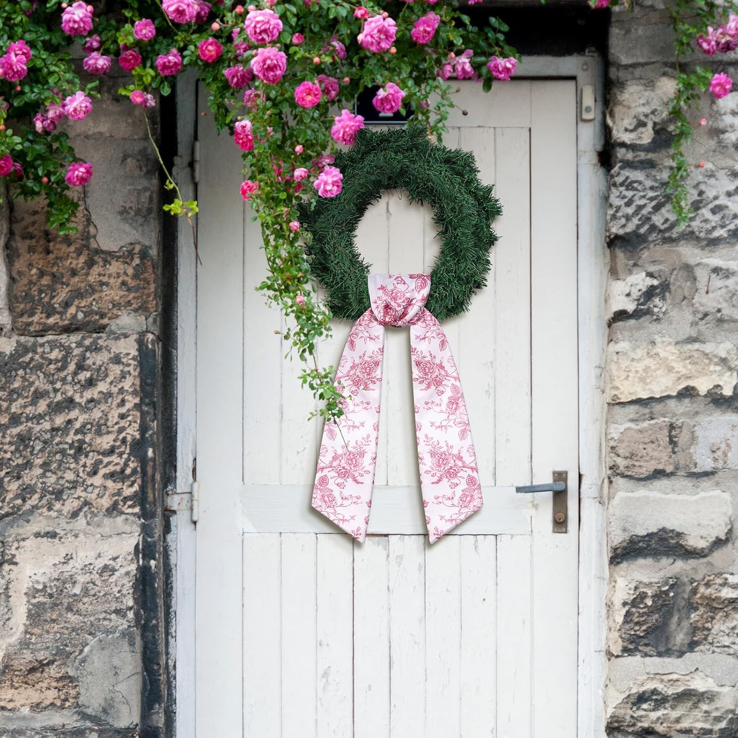 VitalCozy Red Floral Wreath Sash - Elegant Satin Ribbon for Monogrammed Embroidery | Indoor/Outdoor Decor