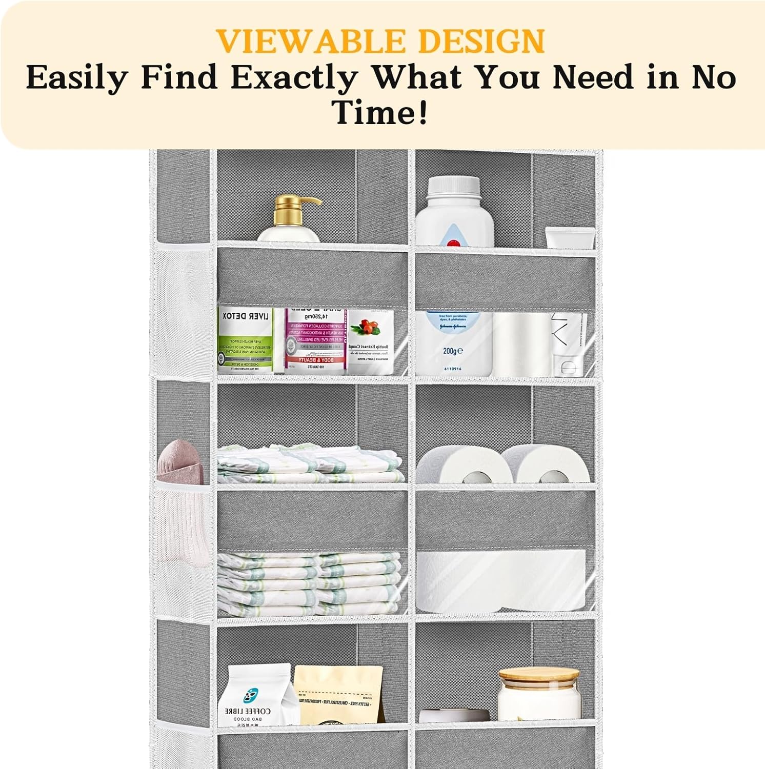 Over The Door Organizer - 5-Tier Extra Large Storage Solution with 20 Pockets | Light Grey
