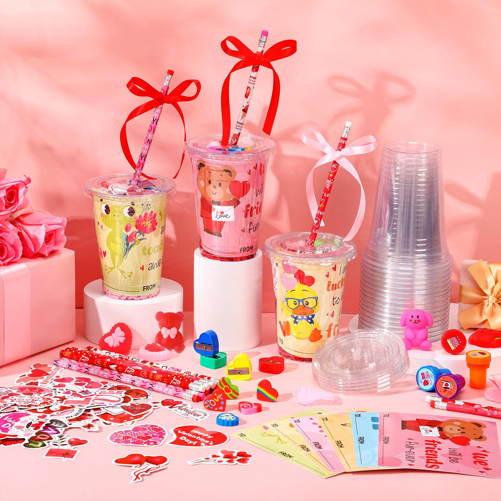 Vesici 323 Pcs Valentine's Day Gifts Bulk Valentines Party Favor Exchange Gift Galentines Supplies with Cup Cards Sticker Pencil Eraser Stamp