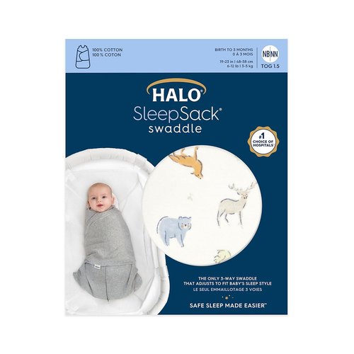 HALO 100% Cotton Sleepsack Swaddle - 3-Way Adjustable Wearable Blanket, TOG 1.5, Forest Friends, Small (3-6 Months)