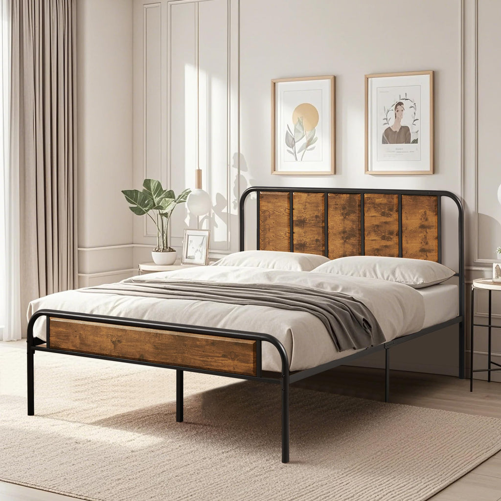 VECELO Queen Size Bed Frame Metal Platform with Wood Headboard,Sturdy Steel Slats Support/Matress Foudation/No Box Spring Needed(Brown)