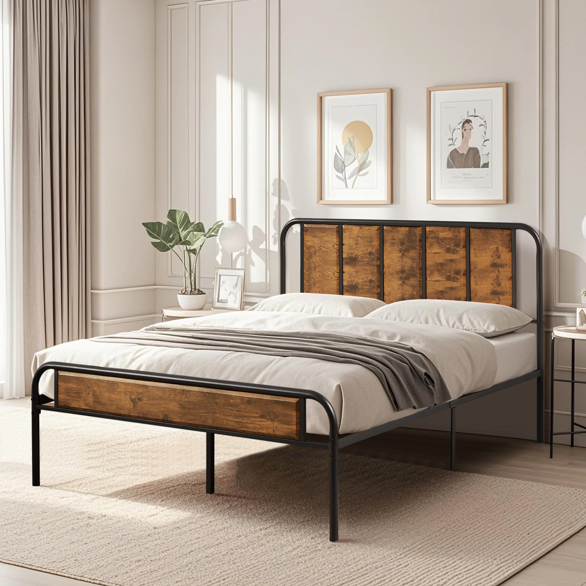 VECELO Queen Size Bed Frame Metal Platform with Wood Headboard,Sturdy Steel Slats Support/Matress Foudation/No Box Spring Needed(Brown)