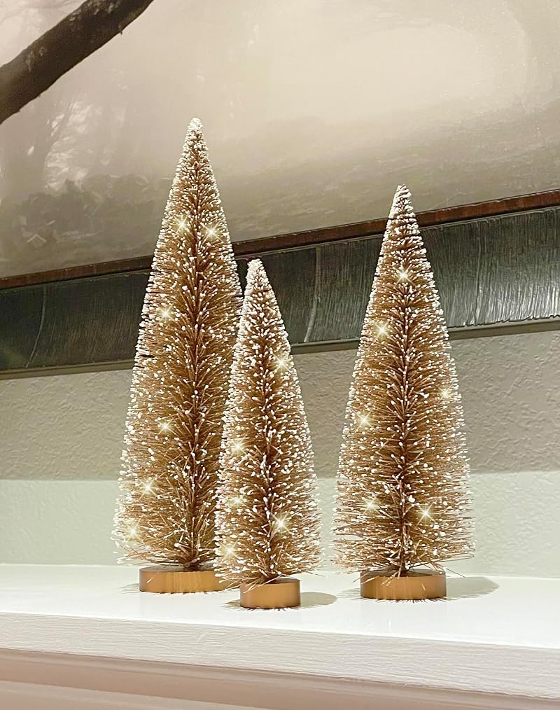 3-Piece Sparkling Gold Bottle Brush Christmas Trees with Snowy Tips, 15"/12"/9" on Wood Bases