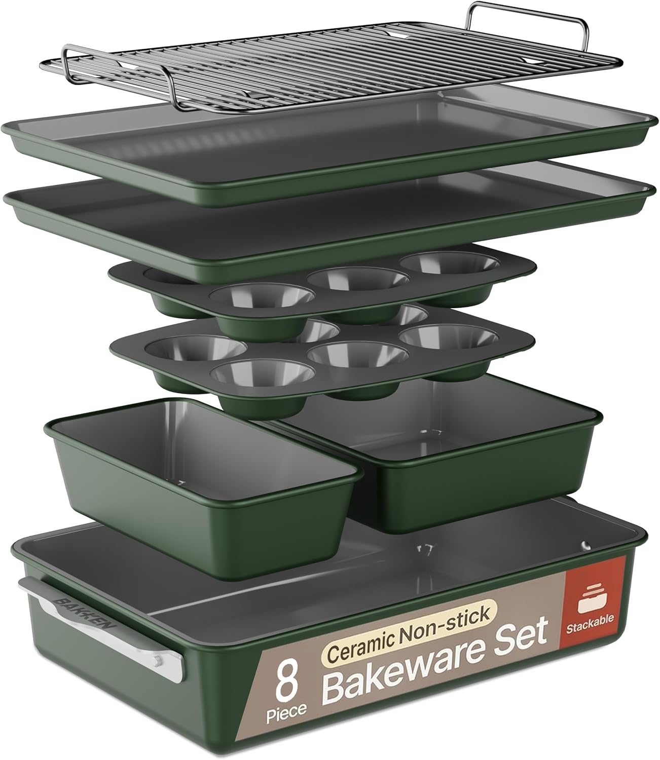 Bakken 8-Piece Bakeware Set - Nonstick Ceramic Coated Pans with Muffin, Loaf, Cake & Roasting Pan | Oven Safe Up to 500°F, Green
