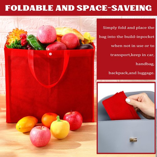 Zhehao 60 Pcs Reusable Grocery Bags Bulk Large Foldable Shopping Tote Bags Non Woven with Handle and Plastic Button(Red)