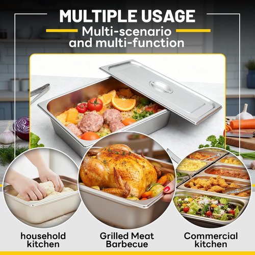 Hotel Pans Deep Steam Table Full Size Pan Set, Steam Table Pans with Lids, Stainless Steel Commercial Food Storage Containers Stackable Metal Steamer Pan(6" Deep 6 Pack, 1/1 Size)