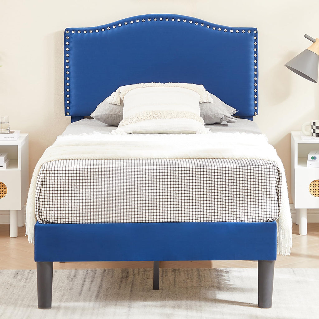 VECELO Twin Upholstered Platform Bed Frame for Kids,Girls,Boys,with Tufted Adjustable Headboard/Mattress Foundation/Wood Slat Support,Easy Assembly,Dark Blue