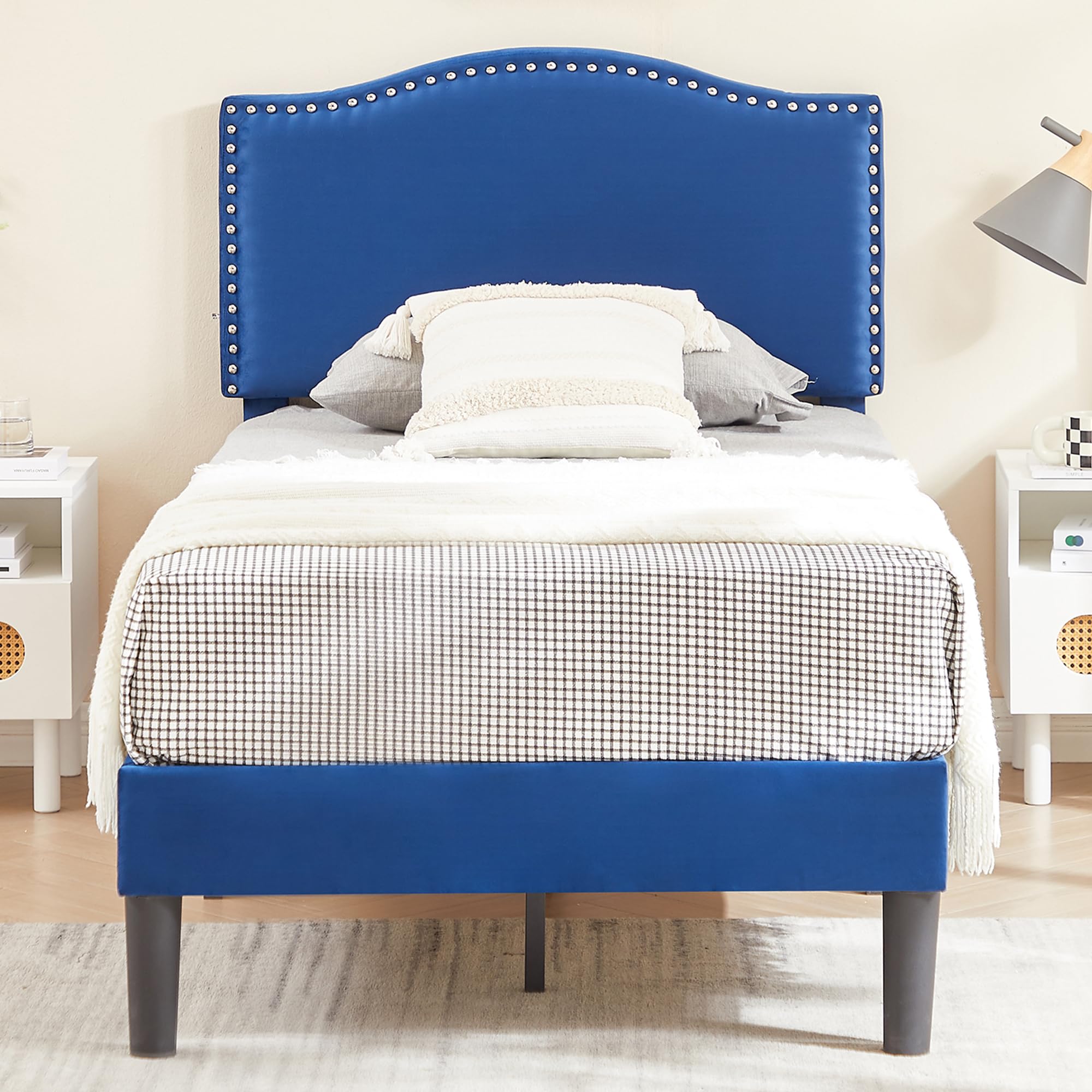 VECELO Twin Upholstered Platform Bed Frame for Kids,Girls,Boys,with Tufted Adjustable Headboard/Mattress Foundation/Wood Slat Support,Easy Assembly,Dark Blue