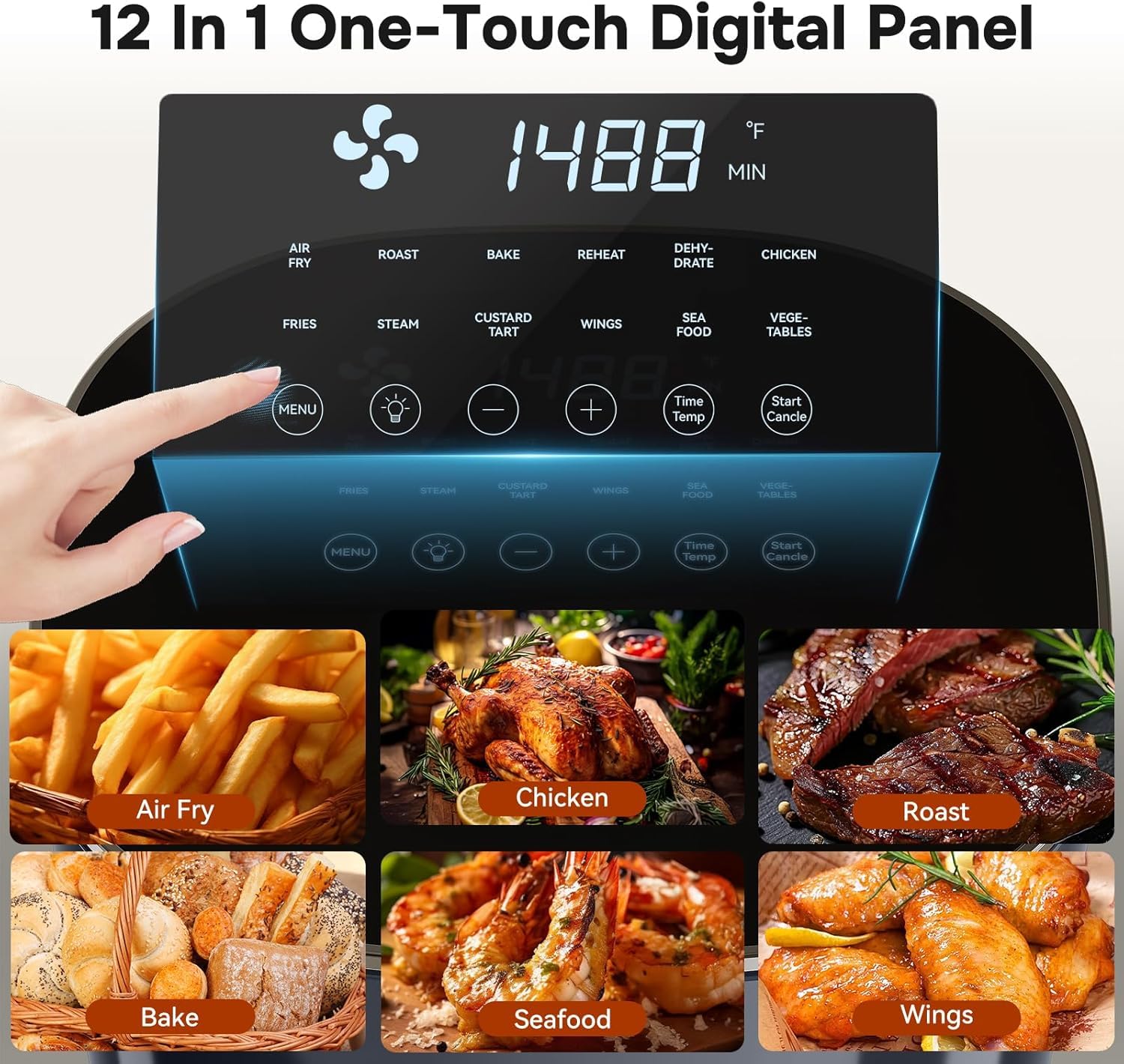 Simple Deluxe 12-in-1 Air Fryer 6.34 Qt, Digital Preset Airfryer with Visible Window, Nonstick and Dishwasher-Safe Basket, Air Fry, Roast, Bake, Dehydrate, Fries, 1700W, Black