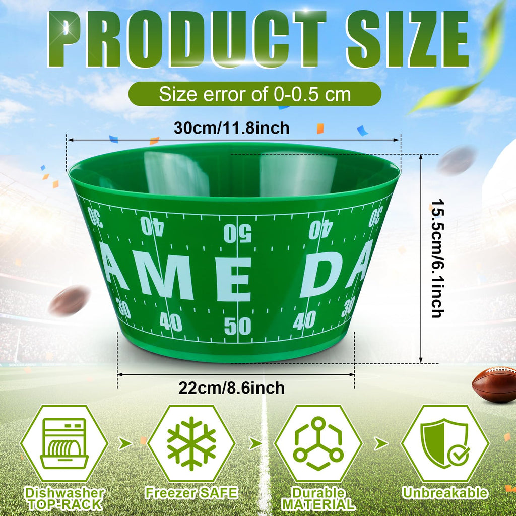 Reallnaive 2 Packs 12" Football Chip and Dip Bowl Game Day Snack Bowls Sports Event Party Plastic Bowls Green and White Reusable Candy Snack Bowl Fruit Candy Holder for Party Supplies Table Decor