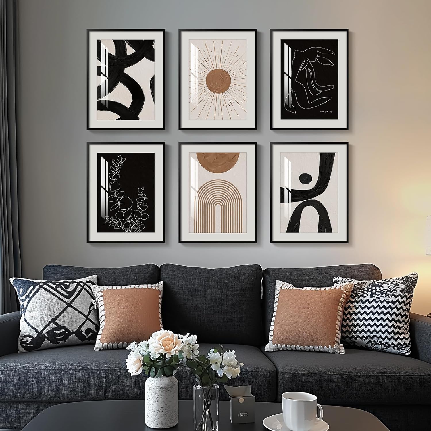 Skiennix Framed Boho Black and White Abstract Wall Art - Set of 6 Geometric Prints for Living Room, 11x14 Inch