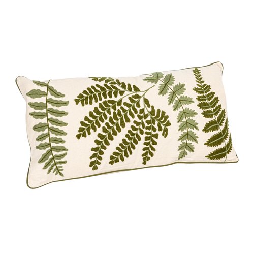 Creative Co-Op White Rectangle Cotton Pillow with Embroidered Green Ferns