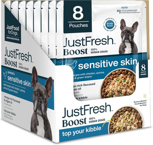 JustFoodForDogs JustFresh Boost Dog Food Toppers - Sensitive Skin & Immune Support, 8 oz Pouches (8 Pack)