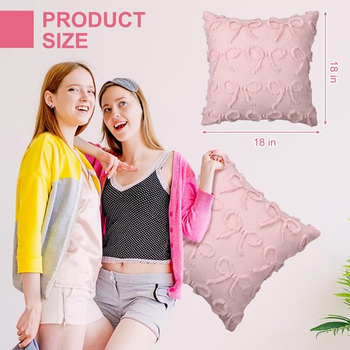 SmoothNovelty Pink Bow Pillow Covers 18x18 Set of 2 Coquette Preppy Room Decor Stuff Decorative Embroidered Pillow Cases Cute Aesthetic Fluffy Plush Bowknot Cushion Covers for Bedroom Couch Sofa