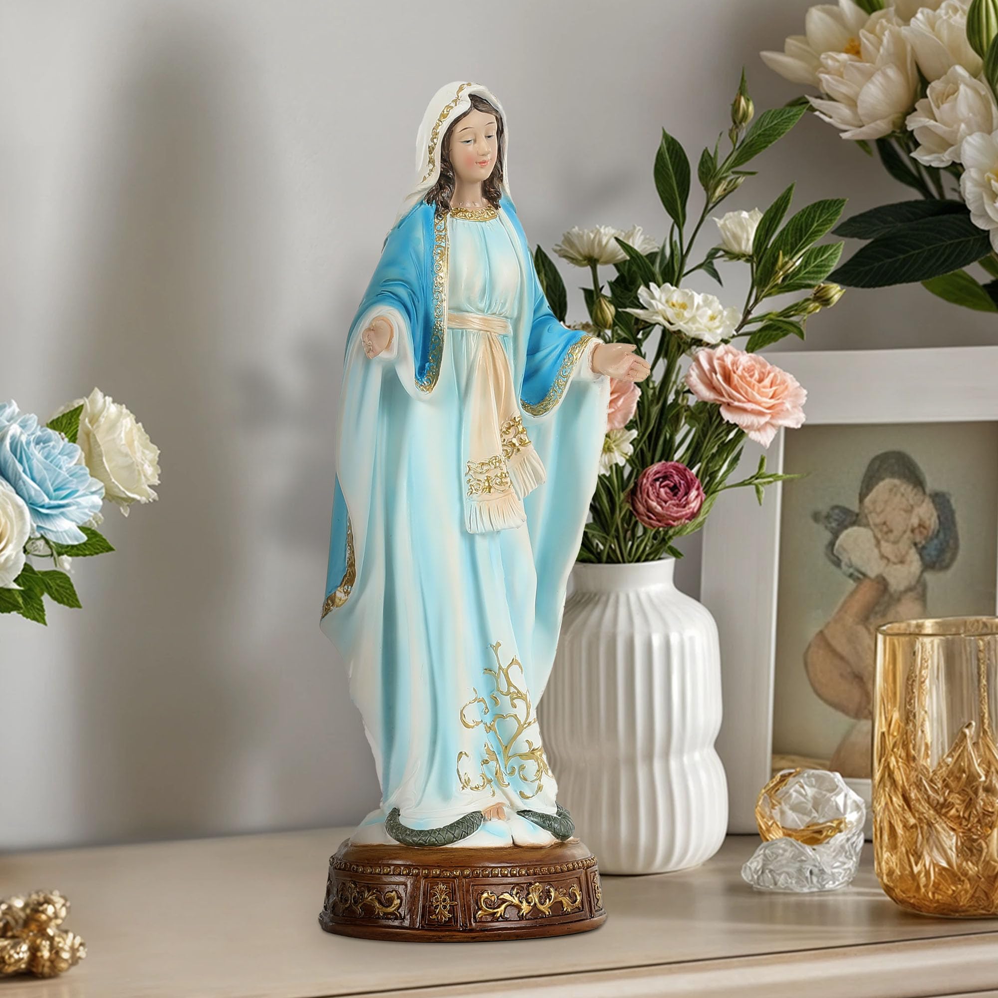 Ultym Virgin Mary Statue 16.3 Inch, Our Lady of Grace Sculpture, Hand-Painted Catholic Home Altar Decor, Elegant Indoor Resin Statue, Religious Gift for Mother, Grandma