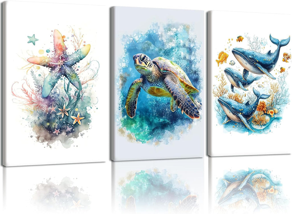NCCXNCC Marine Animal Canvas Wall Art - Watercolor Sea Turtle, Whale & Starfish Prints | 12x16 IN