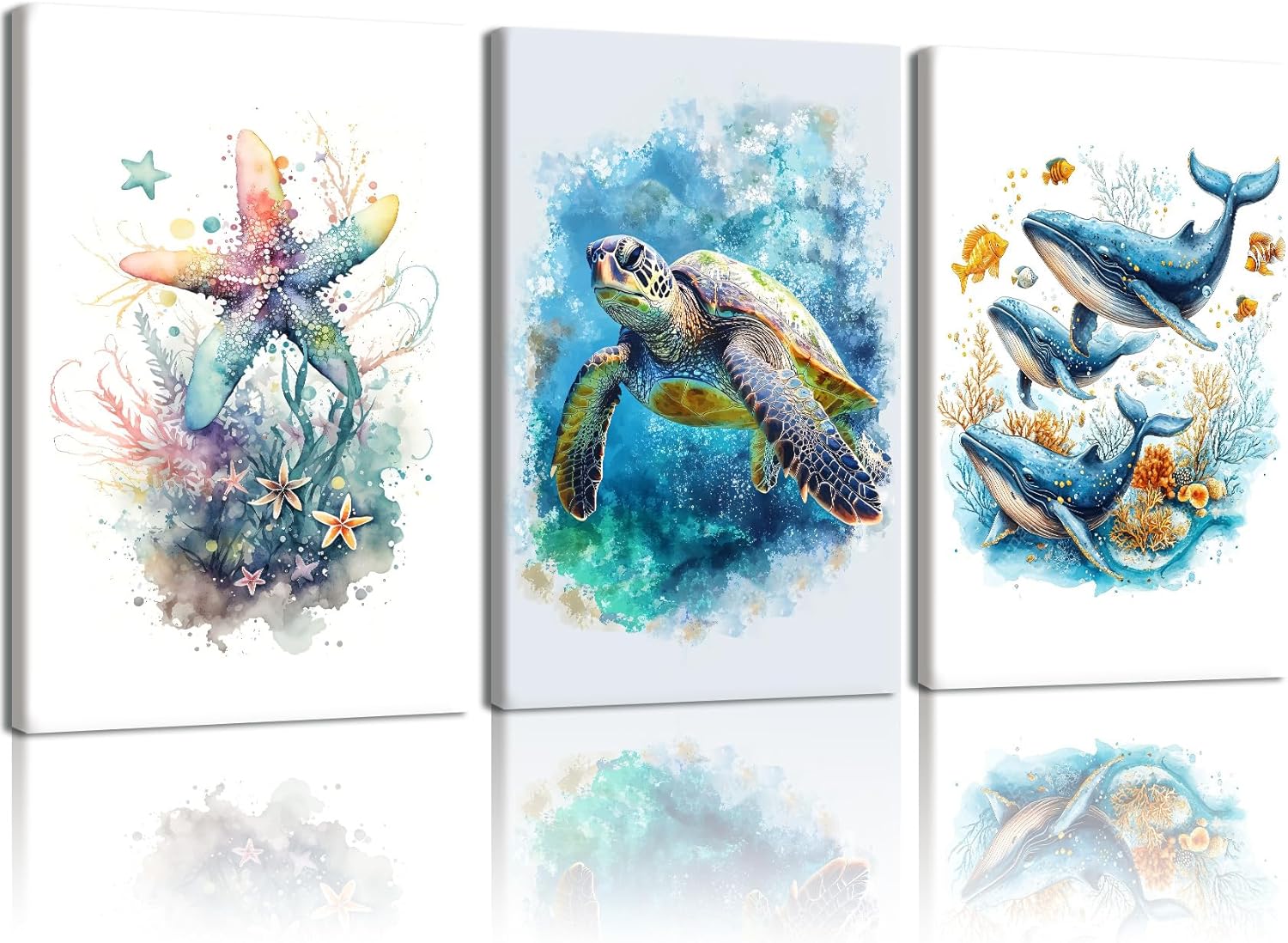 NCCXNCC Marine Animal Canvas Wall Art - Watercolor Sea Turtle, Whale & Starfish Prints | 12x16 IN