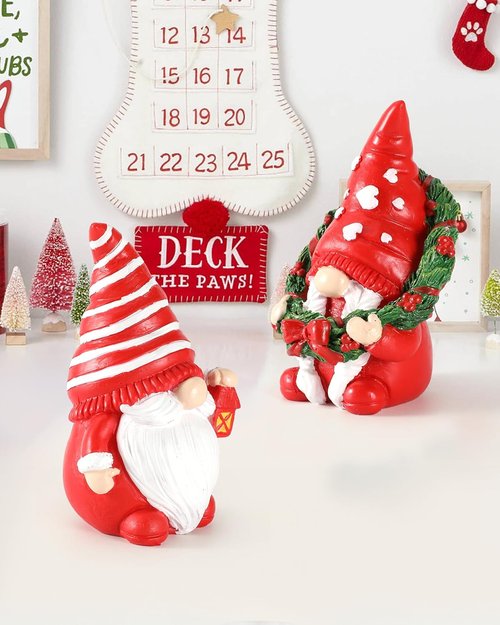 iStatue Set of 2 Resin Christmas Gnomes - Adorable Hand-Painted 4.3'' Tomte Figurines for Home & Garden Decor