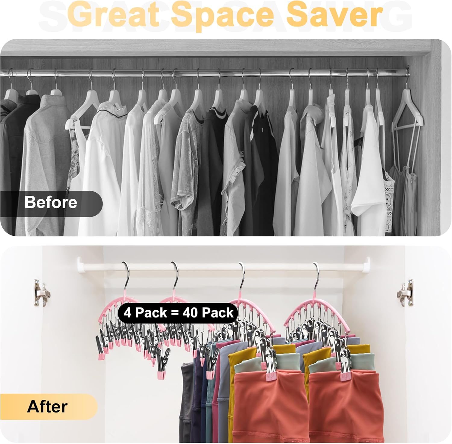 Skiennix Legging Organizer - Space-Saving Metal Yoga Pants Hangers | 4 Pack with 10 Clips, Pink