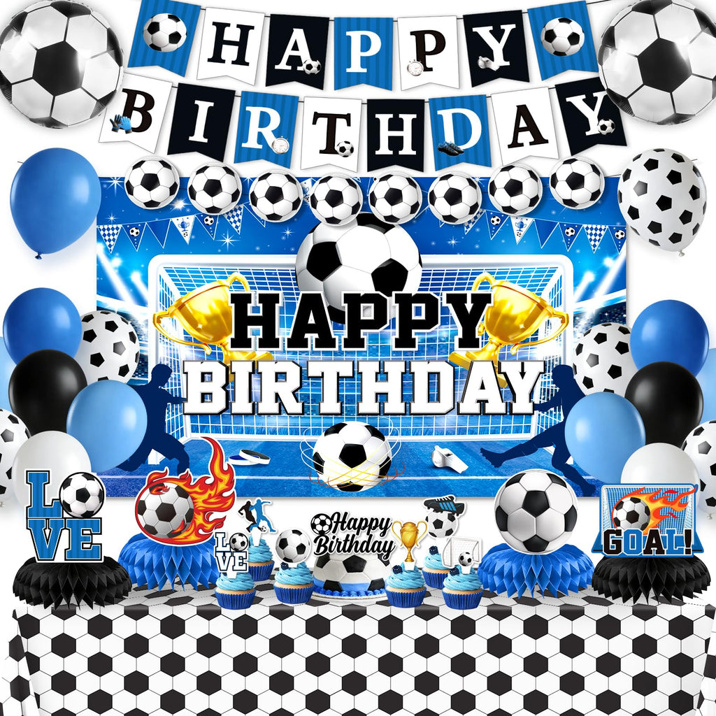 Soccer Birthday Party Decorations, 44Pcs Soccer Party Decorations with Happy Birthday Backdrop Tablecloth Foil & Latex Balloons and Cake Toppers Honeycomb Centerpieces for Boys’ Sports Party Supplies