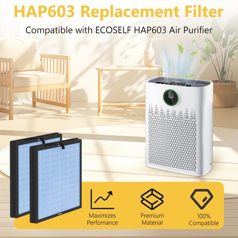 4 Pack HAP603 Replacement Filter Compatible with ECOSELF HAP603/ HAP603WF Air Purifier, 3-Stage Filtration, H13 True HEPA Filter, # RFHAP603, Blue