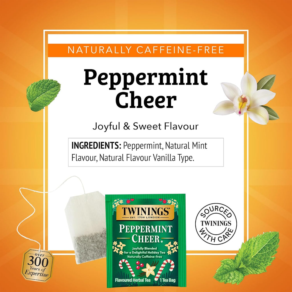 Twinings Peppermint Cheer Herbal Tea - Caffeine-Free, 20 Individually Wrapped Bags (Pack of 6) | Refreshing Hot or Iced
