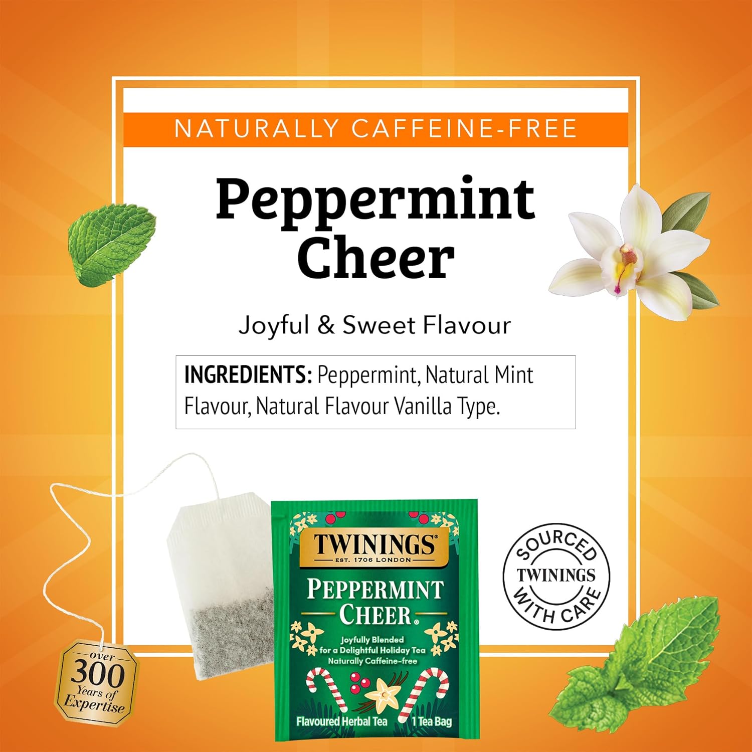 Twinings Peppermint Cheer Herbal Tea - Caffeine-Free, 20 Individually Wrapped Bags (Pack of 6) | Refreshing Hot or Iced