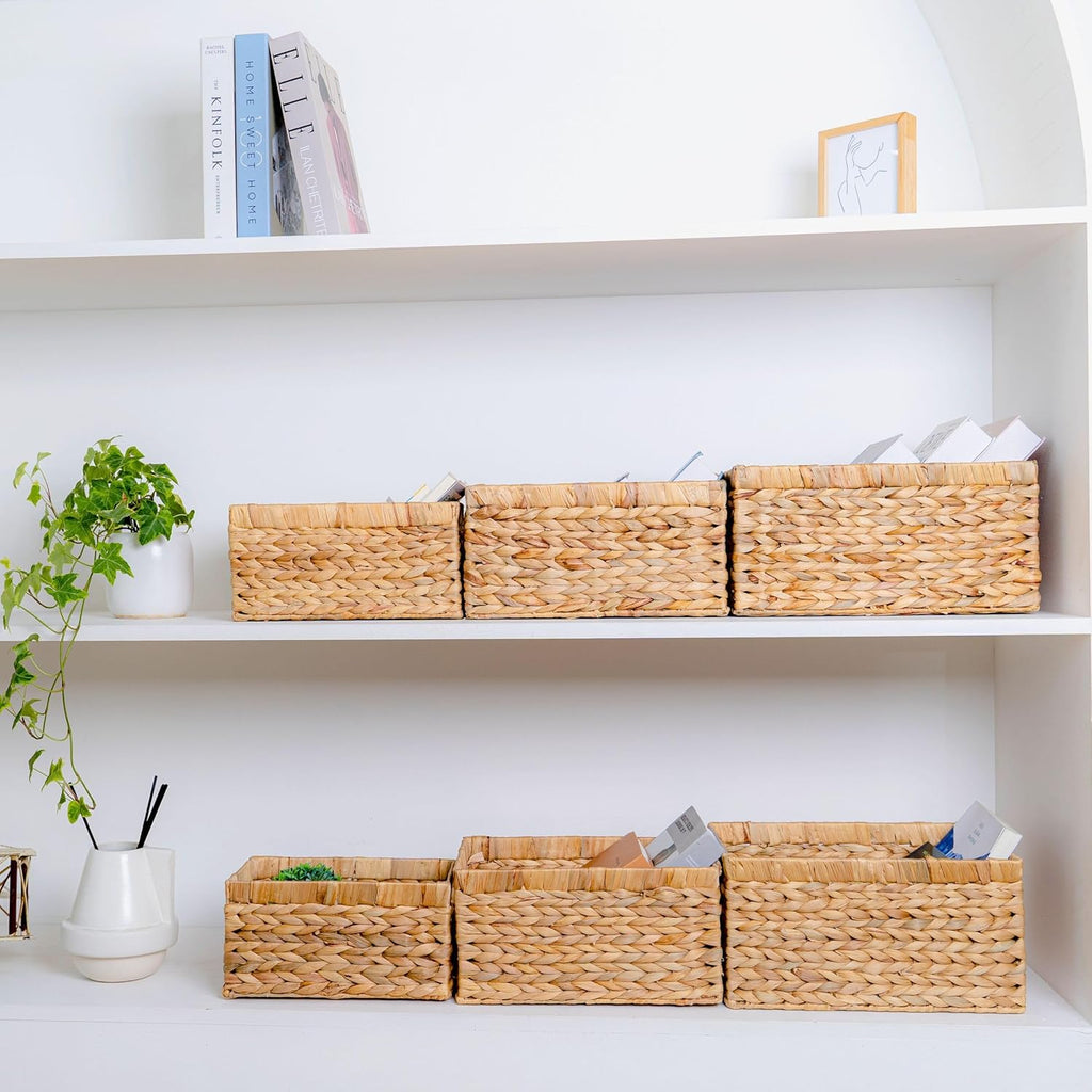 M4DECOR Water Hyacinth Storage Baskets Set of 6 - Handwoven Wicker Organizing Baskets for Shelves & Pantry