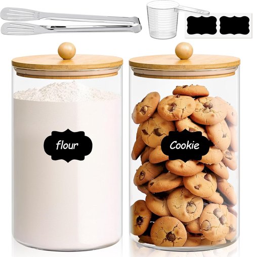 ComSaf 1 Gallon Cookie Jar - Large Glass Canister Set of 2 with Lids, Spoon & Clip for Food Storage