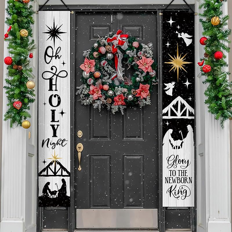 Holy Night Black Christmas Nativity Porch Banner Sign - 72 x 12 in, Water-Resistant Front Door Decor