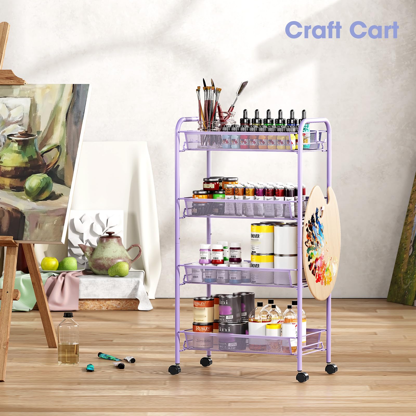 TOOLF 4-Tier Rolling Cart, Metal Utility Cart with 3 Hooks, Easy Assemble Mobile Storage Trolley On Wheels, Metal Shelving Units Kitchen Bathroom Laundry Room