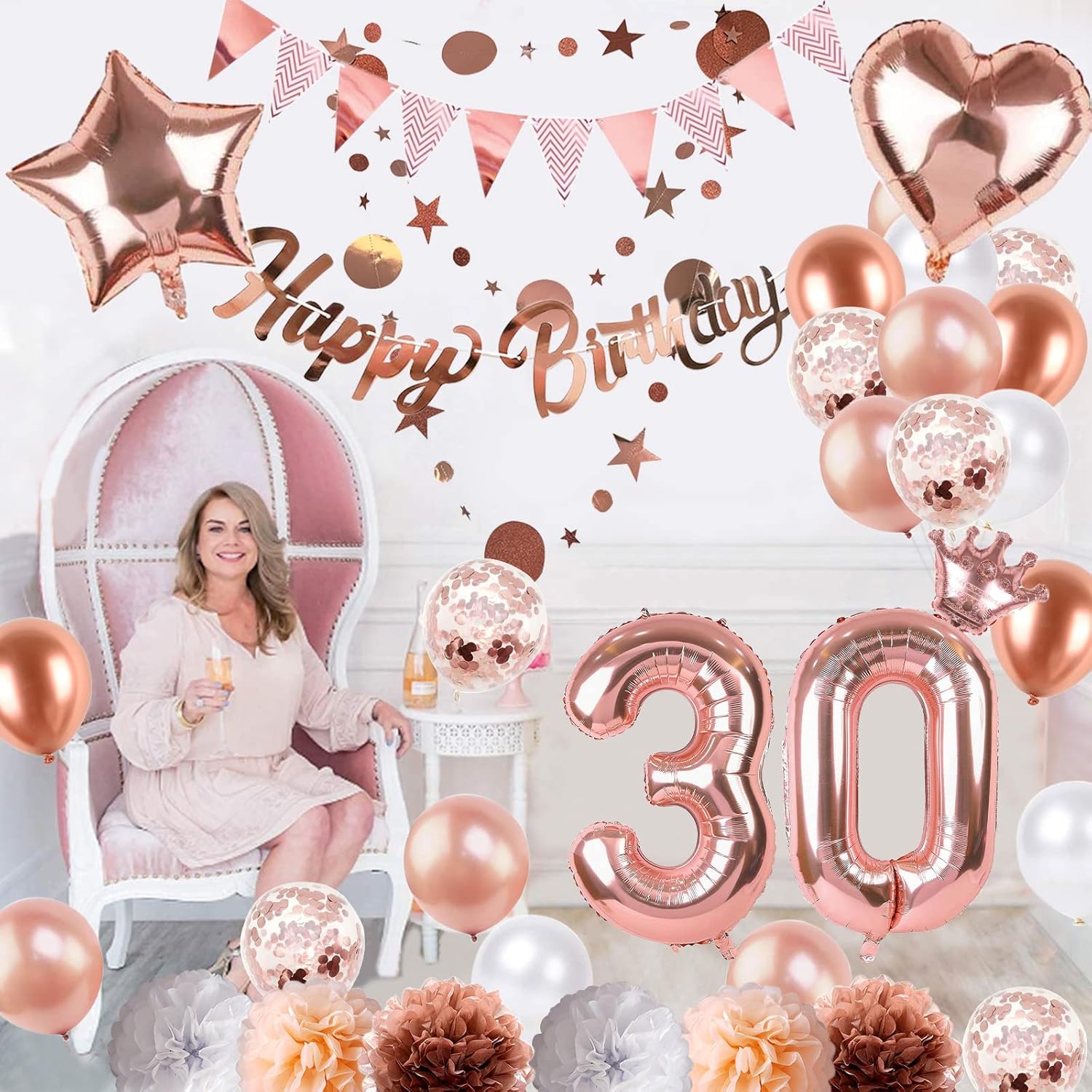 Regine Switzerland 30th Birthday Decorations - Rose Gold Foil Balloons & Banner | Perfect for 30-Year-Old Celebration