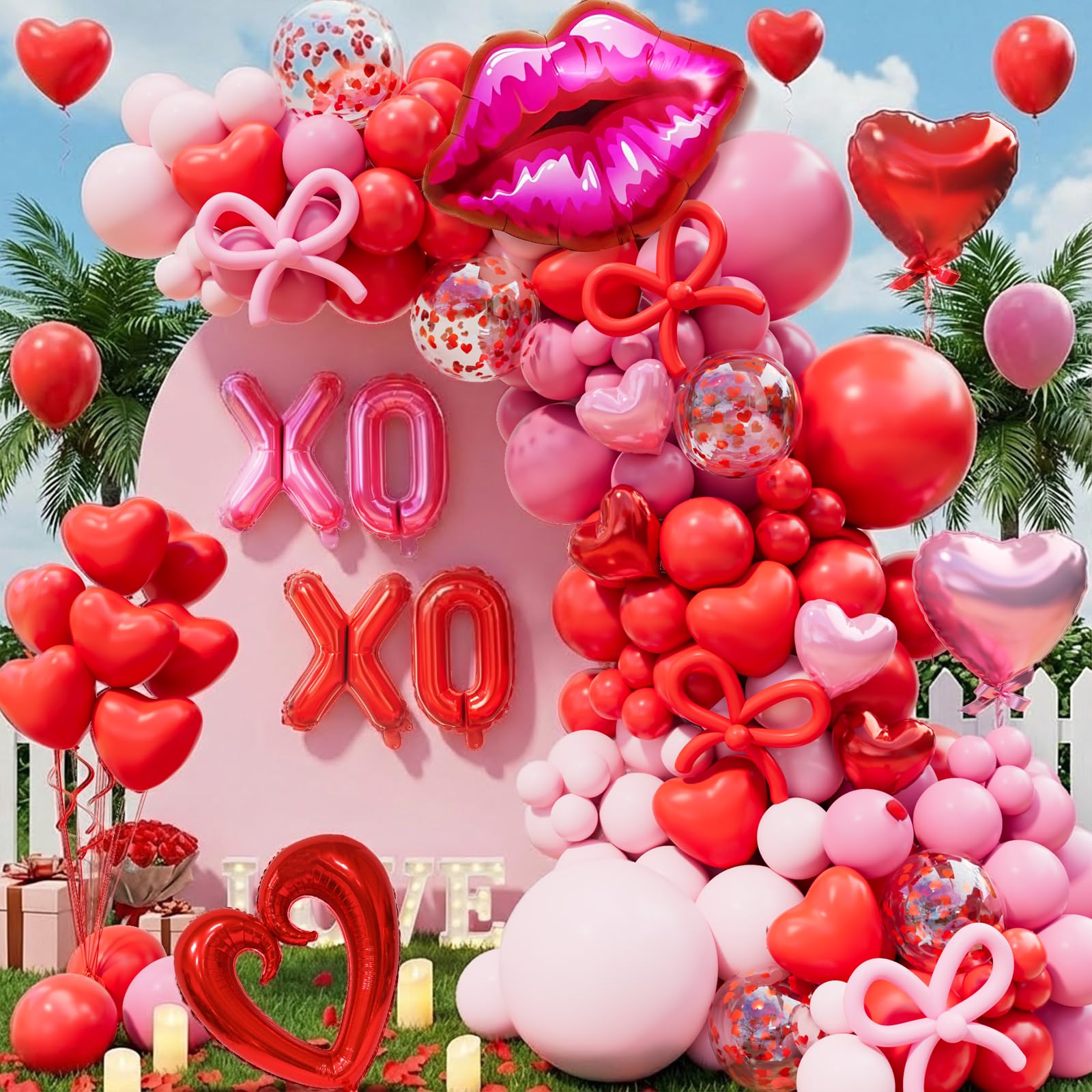 Pink and Red Balloon Garland Arch Kit, Coquette Birthday Decorations with 570pcs Red Pink Heart Confetti Balloons, Heart Lip XOXO Star Foil Balloons, Rose Petals for Wedding Romantic Decorations