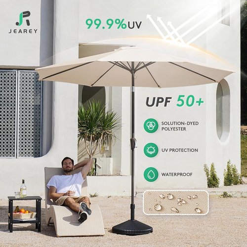 JEAREY 9FT Outdoor Patio Umbrella - Market Umbrella with Push Button Tilt & Crank | UV Protection & Waterproof (Cream Beige)