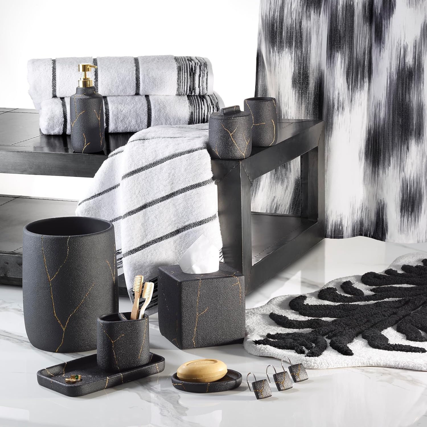Nicole Miller - Tissue Box Cover, Resin Countertop Accessories, Dorm Room Essentials (Sydney Collection, Black/Gold)