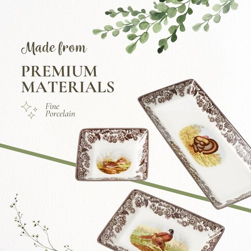 Spode Woodland 3-Piece Porcelain Tray Set - Turkey, Pheasant, Otter Wildlife Art, Great for Holiday Appetizers & Snacks - Stackable Design with Floral Borders, Dishwasher Safe, Oven Safe Trays